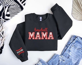 Embroidered Baseball Mama Glitter Sweatshirt with Kids Name on Sleeve, Personalized Gift for Moms, Mom Shirt With Names, Mother's Day Shirt