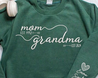 Mom Grandma Embroidered Sweatshirt, Grandkids Embroidered with Name on the Sleeve Sweater, New Mama Gift, Custom Date Mom Grandma Sweatshirt