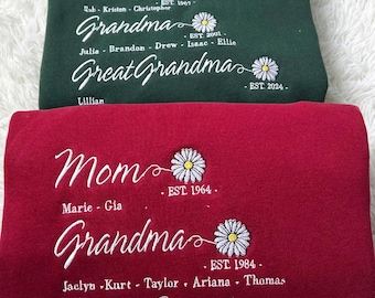 Custom Mom Grandma Embroidered Sweatshirt, Nana with Grandkids Names Sweater, Gift For Grammy, Mother's Day Gift, Daisy Flower Embroidery