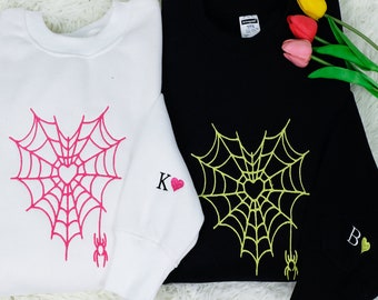 Custom Spider Couple Embroidered Sweater or Hoodie, Personalized Gift, Heart Spider personalized with Initials, Valentine Embroidered Shirt