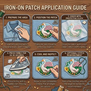 Op de afbeelding: Een strijkapplicatiegids met zes ge&iuml;llustreerde stappen. De gids toont een patch met een ganzenontwerp en de tekst "silly goose". Instructies omvatten het voorbereiden van het gebied, het plaatsen van de patch, het bedekken met stof, het strijken, het afkoelen en optioneel naaien.