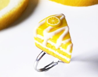 Original Valentine's Day gift ring for woman, girl, handmade, delicious soft cake with lemon fruit, fimo polymer clay