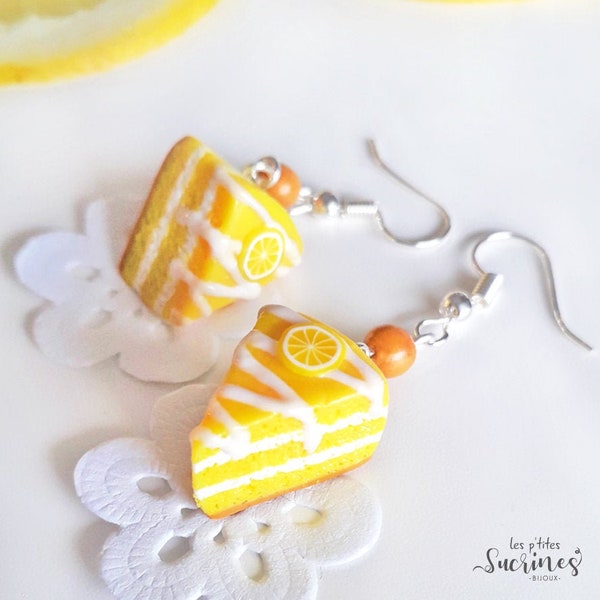 Boucles d'oreilles bijoux cadeau pâtissière gourmand gâteau Moelleux au citron jaune acier inoxydable pâte polymère fimo