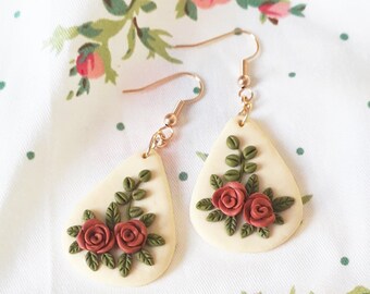 Earrings handmade jewelry design gift woman nature spring pink drops of flowers polymer clay fimo
