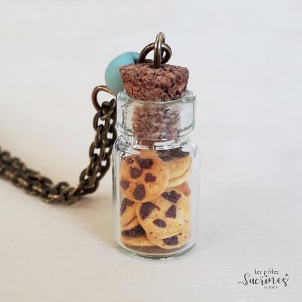 Collier pendentif original bijou gourmand fiole cookies gâteau fait main pâte polymère fimo