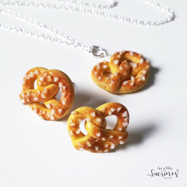 Parure collier pendentif boucles d'oreilles femme fille bijou gourmand nourriture pâques alsace bretzels pâte polymère fimo