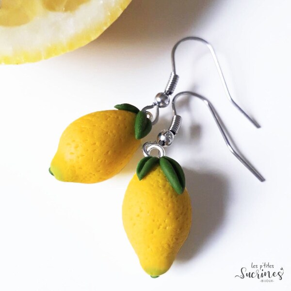 Boucles d'oreilles originales fait main bijoux jaune citron agrume cadeau saint valentin fruit pâte polymère fimo