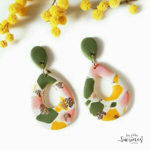 Dangling earrings costume jewelry design original gift woman girl terrazzo from the garden polymer clay fimo image 1