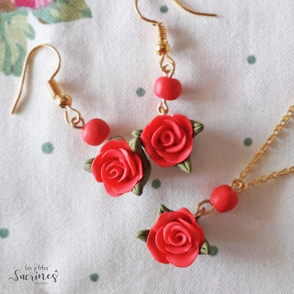 Parure bijoux boucles d'oreilles collier pendentif cadeau saint valentin femme Fleurs Rose printemps fait main artisanale pâte polymère fimo