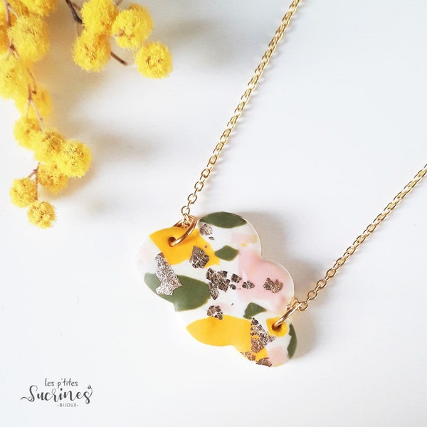 Pendentif collier bijou fantaisie fait main design cadeau femme nuage terrazzo pâte polymère fimo