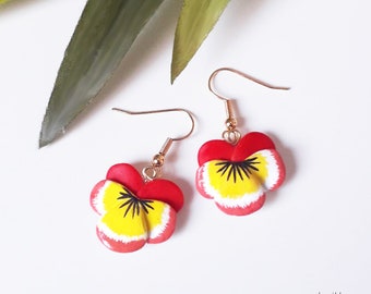 Fancy jewelry earrings red Pansies Flowers florist gift valentines day stainless steel polymer clay fimo