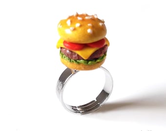 Adjustable fancy ring gourmet jewel brass burger cheeseburger miniature hamburger polymer clay fimo
