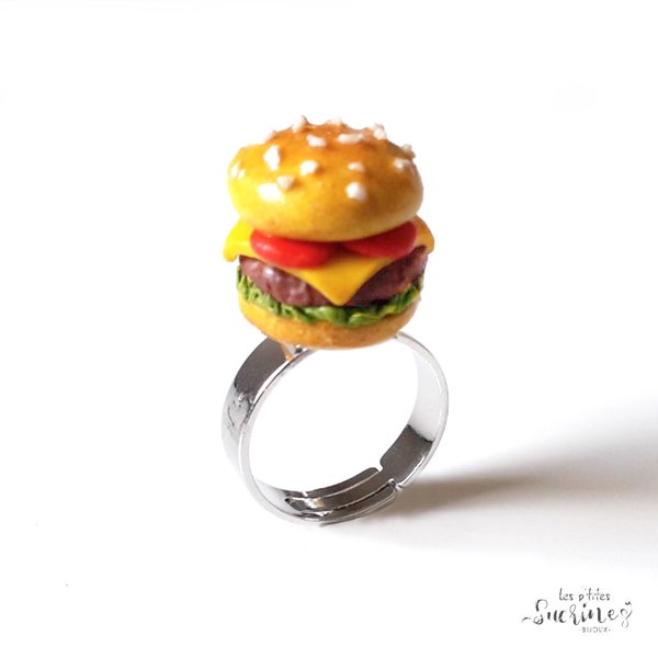 Bague fantaisie réglable bijou gourmand laiton burger cheeseburger hamburger miniature pâte polymère fimo