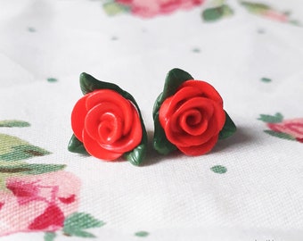 Stud earrings jewelry Valentine's Day gift for women Flowers Rose spring handmade artisanal stainless steel polymer clay fimo