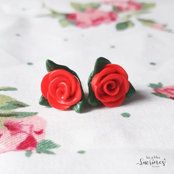 Boucles d'oreilles puces bijoux cadeau saint valentin femme Fleurs Rose printemps fait main artisanale acier inoxydable pâte polymère fimo