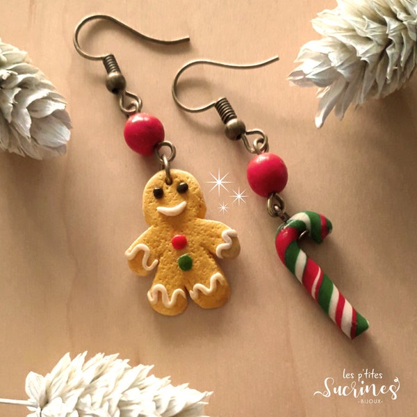 Boucles d'oreilles originales bijoux gourmands dépareillées petit biscuit sucre d'orge noël hiver gâteau pâte polymère fimo