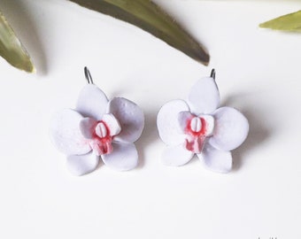 Sleeper earrings costume jewelry design original gift woman girl  valentines day orchid flower spring polymer clay fimo