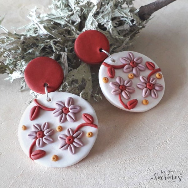 Handmade jewelry earrings florist gift Autumn flowers polymer clay fimo