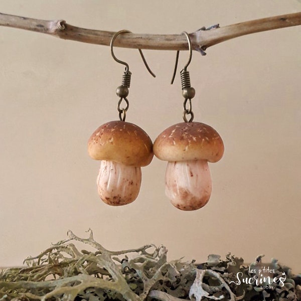 Boucles d'oreilles cadeau originale femme bijoux nourriture champignons cèpes automne nature polymère fimo