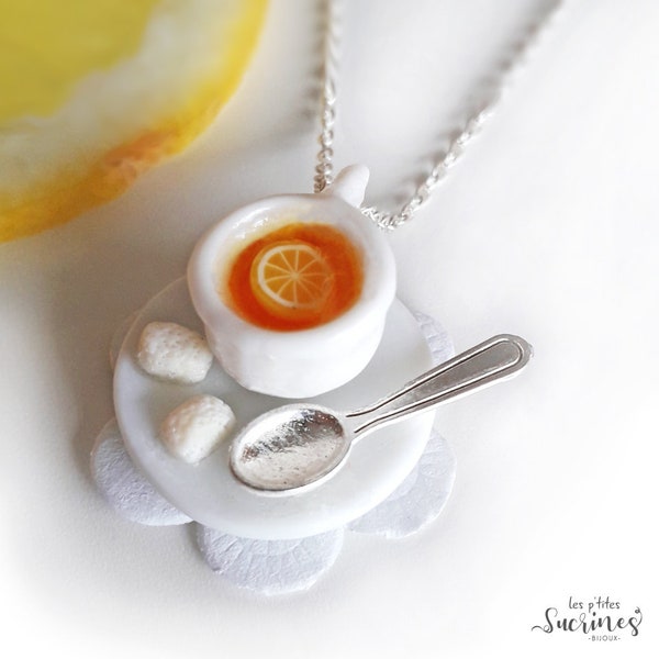 Pendentif collier original gourmand bijou tasse thé au citron pâte polymère fimo