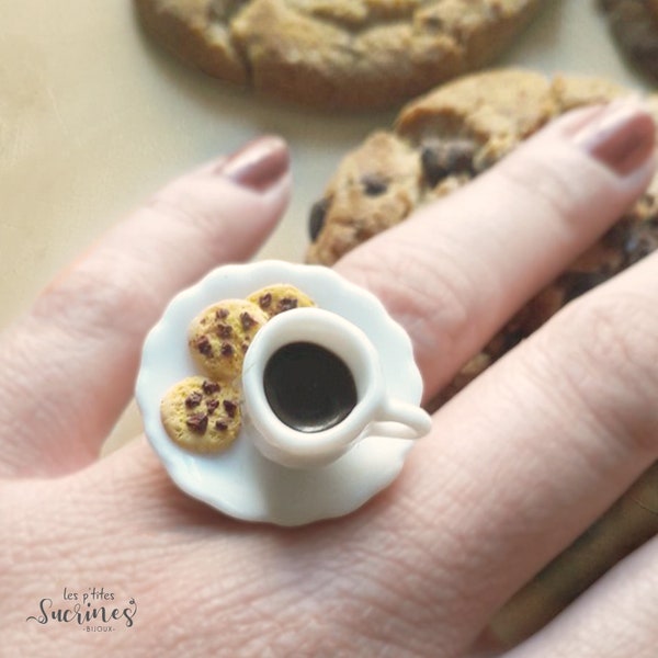 Bague original femme fille cadeau saint valentin bijou laiton rhodié cookies gourmands et tasse chocolat pâte polymère fimo