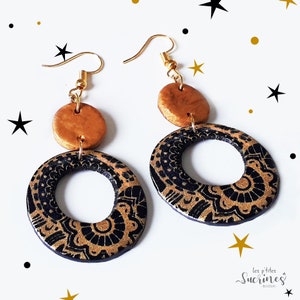 Golden dangling earrings design chic women&#39;s jewelry elegant Valentine&#39;s Day flowers polymer clay fimo