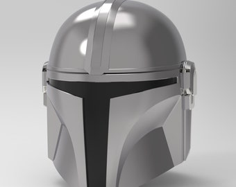 May include: A silver helmet with a black visor and a raised ridge on the top. The helmet has a futuristic design and is reminiscent of a character from a science fiction movie.