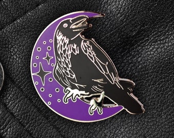 Purple Raven Enamel Pin | Occult Horror Halloween Goth Gothic Esoteric Creepy Spooky Corvid Moon Crescent Bird Lover