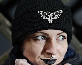 Moth Patch Black Beanie • Gothic Hat Dark Aesthetic Alternative Streetwear Moth Lover Gift for Goths and Nature Addicts