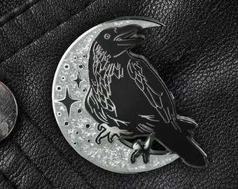 Glitter Raven Enamel Pin | Occult Horror Halloween Goth Gothic Esoteric Creepy Spooky Corvid Moon Crescent Bird Lover