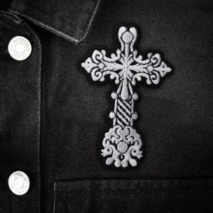 Ornate Cross Patch • Gothic Iron-On Patch, Cross Jacket Patch, Occult Accessories, Witchy Style Patch, Gothic Clothing Embellishment