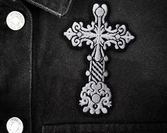 Ornate Cross Patch • Gothic Iron-On Patch, Cross Jacket Patch, Occult Accessories, Witchy Style Patch, Gothic Clothing Embellishment