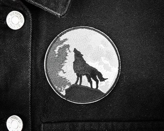 Wolf & Moon Iron-on Embroidered Patch — Occult Satanic Horror Wiccan Spooky Halloween Gothic Witchcraft Howling Wolf Full Moon