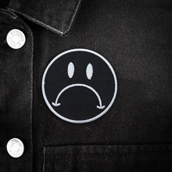 Sad Face Iron-on Embroidered Patch | Gift Emo Black and White Funny