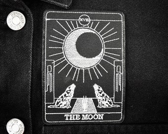 The Moon Tarot Iron-on Embroidered Patch — Occult Horror Halloween Goth Gothic Luna Energy Howling Wolf