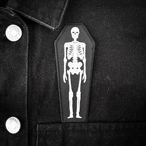 Skeleton Coffin Iron-on Embroidered Patch — Occult Satanic Horror Wiccan Witchcraft Demon Death