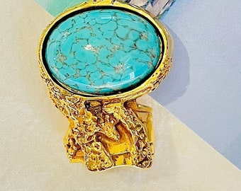 Yves Saint Laurent YSL Arty Turquoise Cabochon Statement Chunky Ring, US 6, Gold, Mom, Girl, Wife, Y2K, Him, Men, Anniversary, Birthday Gift