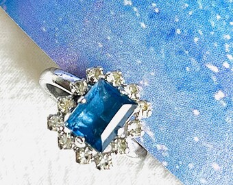 Christian Dior 1970s Vintage Rectangle Aqua Blue Crystals Halo Ring, US 8, Silver, Mom, Girl, Wife, Y2K, Him, Men Anniversary, Birthday Gift