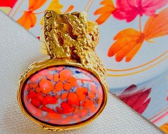 Yves Saint Laurent YSL Arty Orange Coral Cabochon Statement Enamel Ring, Size 4, Mum, Girl, Wife, Y2K, Wedding, Anniversary, Birthday Gift