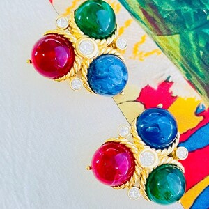 Trifari Vintage 1980s Ruby Sapphire Emerald Triangle Trio Ball Crystals Earrings, Mum, Girl, Wife, Y2K, Wedding, Anniversary, Birthday Gift