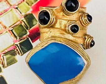 Yves Saint Laurent YSL Arty Cabochon Navy Enamel Black Dots Statement Ring, US 5, Mom, Girl, Wife, Y2K, Him, Men, Anniversary, Birthday Gift