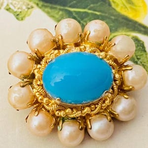 Christian Dior 1968 Vintage Turquoise Blue Cabochon White Pearls