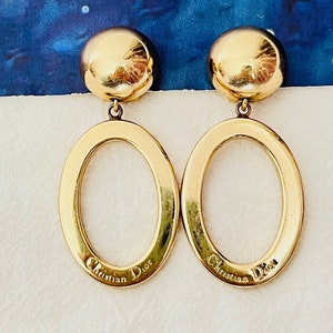 Christian Dior Vintage 1980s Logo Long Oval Hoop Statement Drop Clip Earrings, Gold, Mum, Wife, Girl, Him, Y2K, Anniversary, Birthday Gift image 1