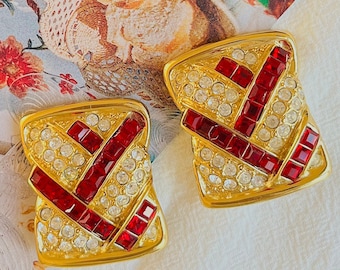 Yves Saint Laurent YSL Vintage Massive Rectangle Ruby Crystal Clip Earrings, Gold, Mother, Mom, Girl, Wife, Y2K, Anniversary, Birthday Gift