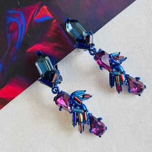 Christian Lacroix Vintage 1980s Crystals Navy Purple Iridescent Rocaille Clip On Earrings, Mom, Girl, Wife, Y2K, Anniversary, Birthday Gift image 1