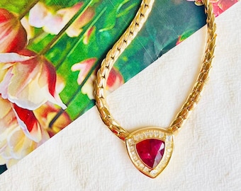 Christian Dior Vintage 1980s Ruby Red Diamond Triangle Crystals Necklace, Gold, Mom, Girl, Wife, Y2K, Wedding, Anniversary, Birthday Gift
