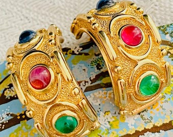 Diorピアス Christian Dior Christian Dior Vintage Large Gripoix Emerald Ruby Sapphire Hoop
