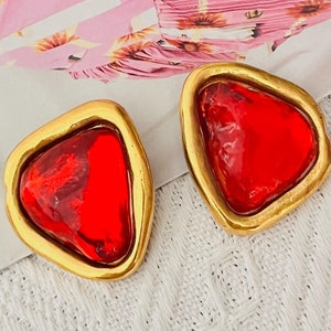 Yves Saint Laurent YSL Vintage Asymmetric Triangle Ruby Crystal Clip Earrings, Gold, Mum, Girl, Wife, Y2K, Him, Anniversary, Birthday Gift