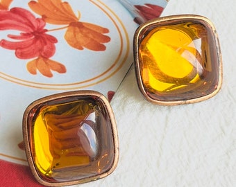 Yves Saint Laurent YSL Vintage Gripoix Cabochon Orange Amber Square Candy Earrings, Mom, Mother, Girl, Wife, Y2K, Anniversary, Birthday Gift