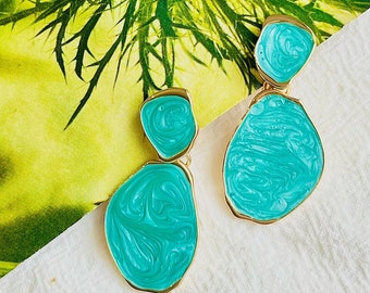 Green Irregular Oval Textured Ripple Enamel Retro Arty Drop Clip On Earrings,  Mother, Mom, Girl, Wife, Y2K, Anniversary, Birthday Gift